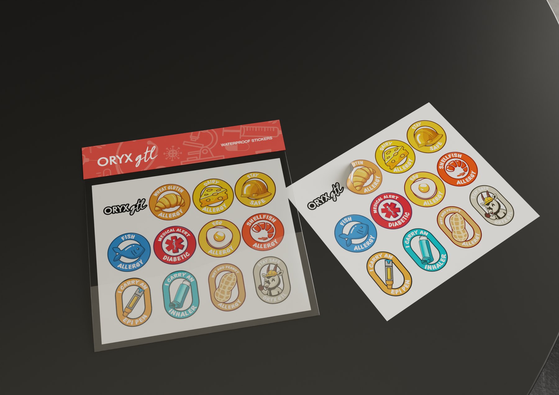 Oryx GTL waterproof sticker sheet with allergy and safety graphics