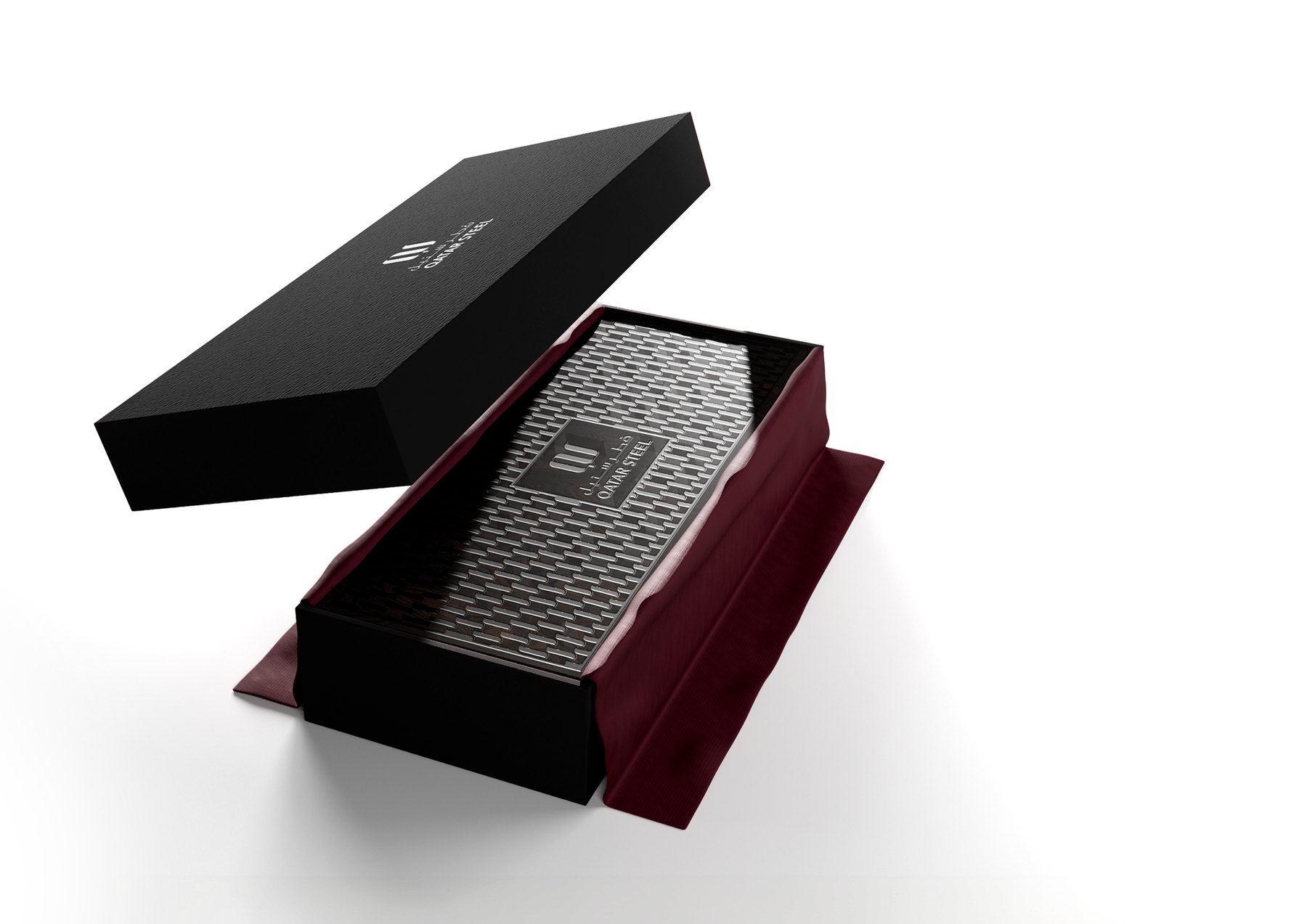 Open Qatar Steel coin box with branded lid and coin tray